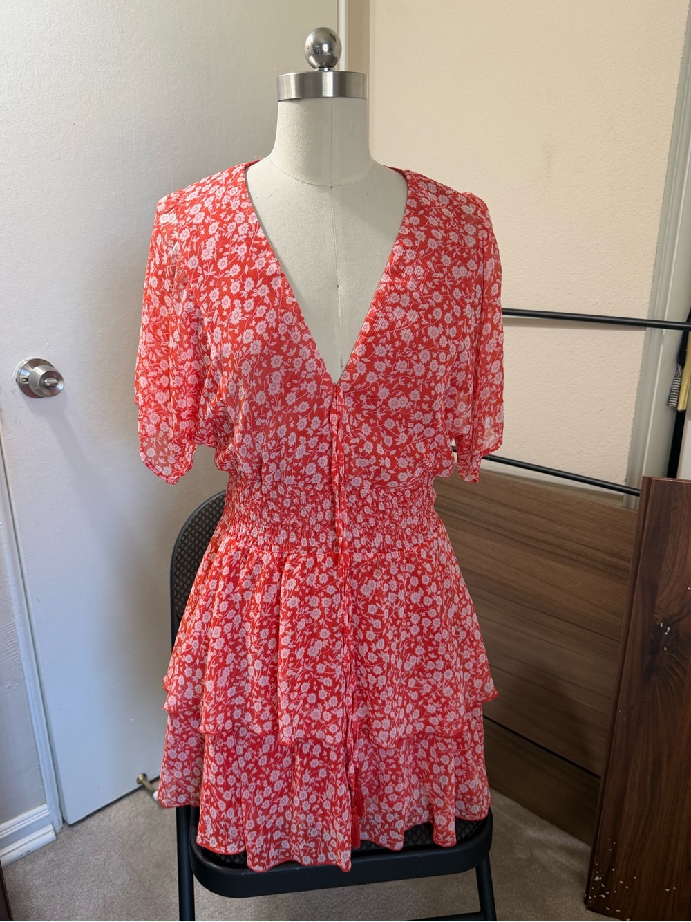 Zara Red Floral Tiered V-Neck Mini Dress